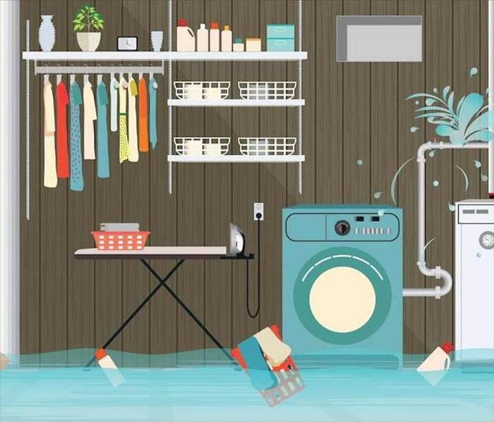 rendering of a flooded basement with broken pipe